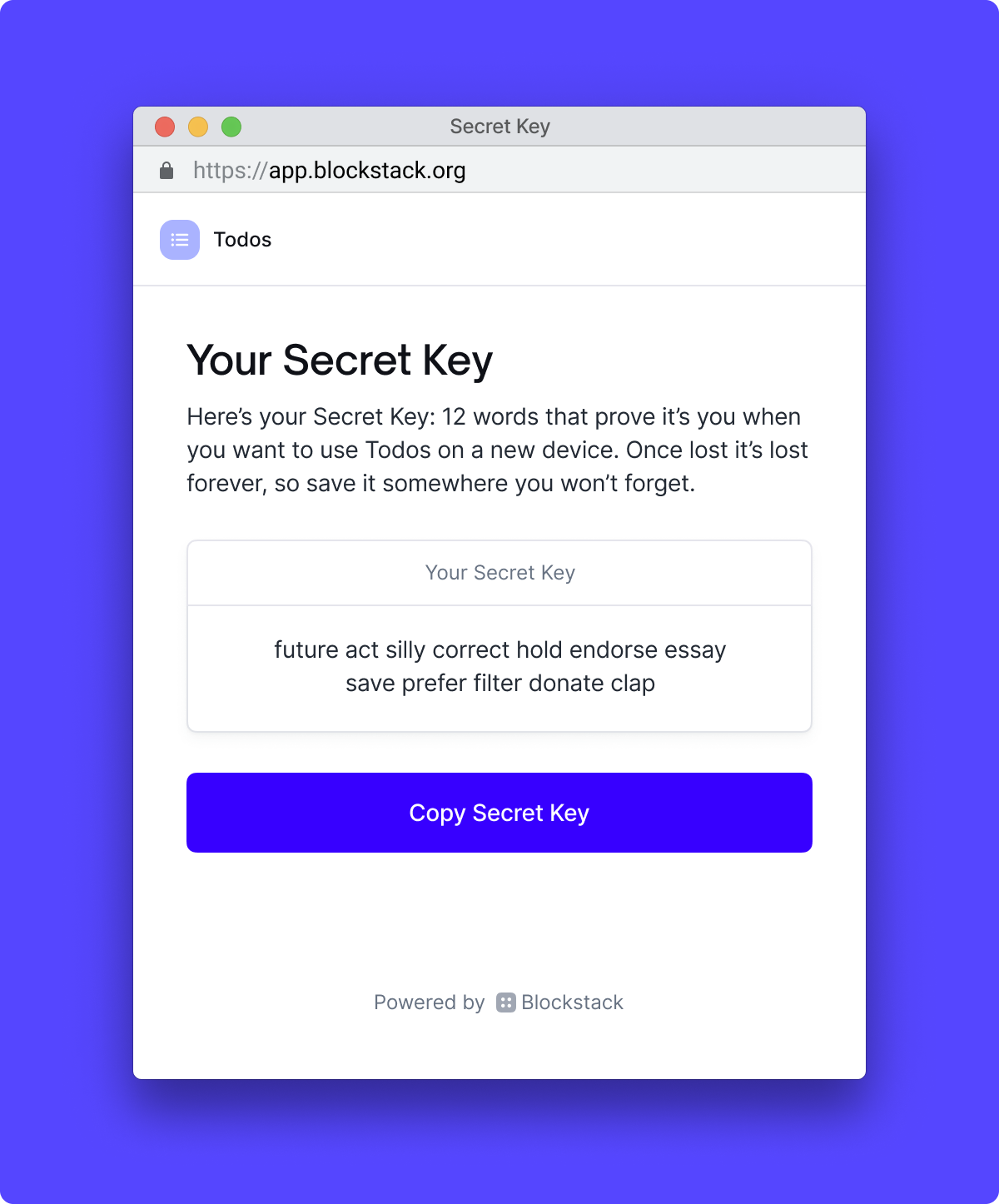 &quot;Copy Secret Key&quot; screen